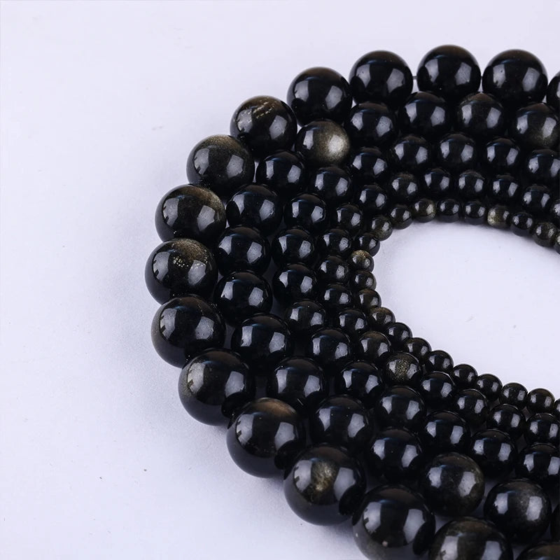 Smooth Gold Obsidian Natural Stone Round Beads for Jewelry Making 15" Strand 4 6 8 10 12 MM DIY Bracelet Necklace Accessories