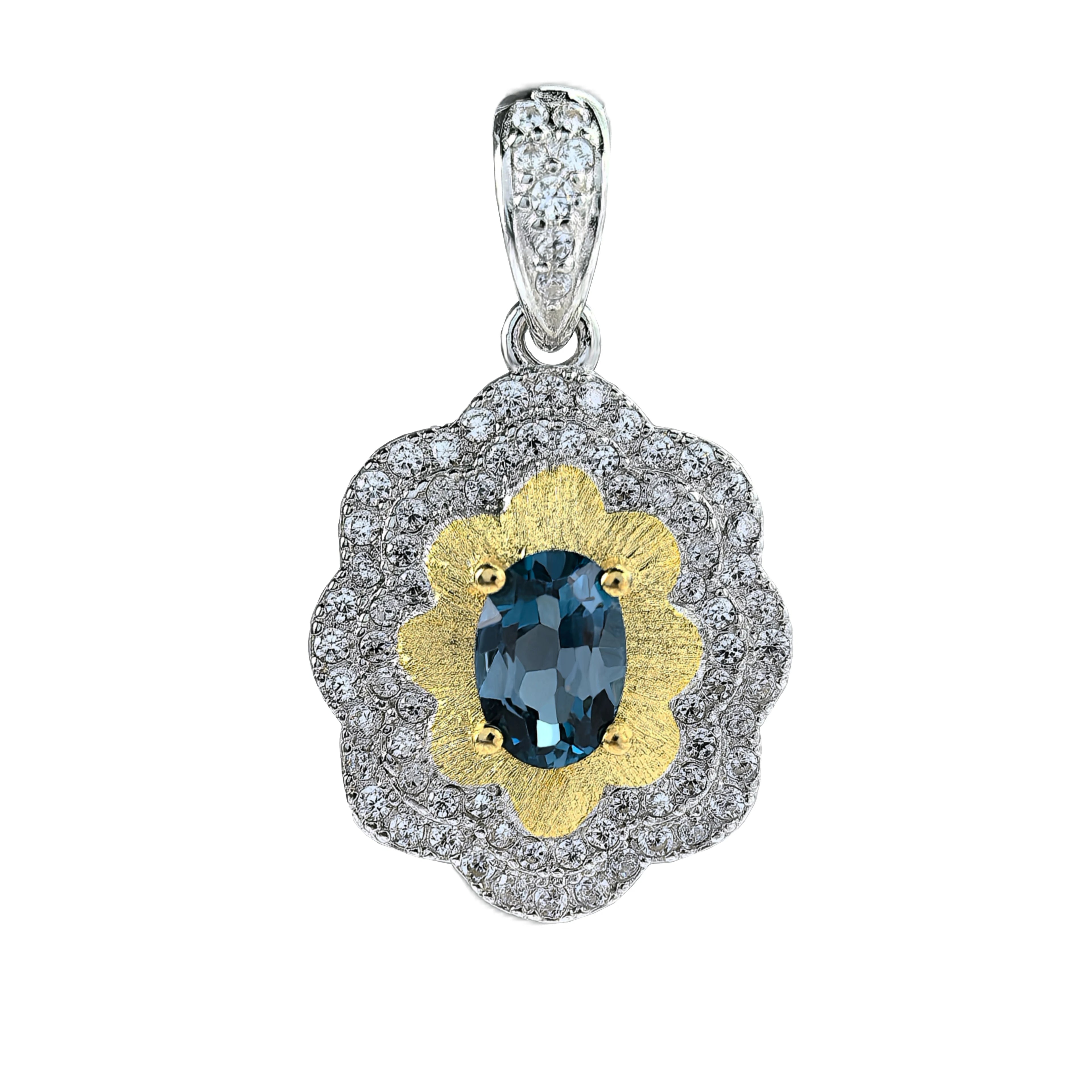 Delicate Dual Color Plated Silver 925 Jewelry Natural London Blue Topaz Flower Pendant Gifts for Women