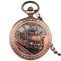 Vintage Red Engine Steam Locomotive Train Skeleton Mechanical Pocket Watch Rose Gold Hand Wind Fob Watch with Chain for Gift