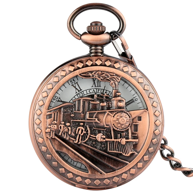 Vintage Red Engine Steam Locomotive Train Skeleton Mechanical Pocket Watch Rose Gold Hand Wind Fob Watch with Chain for Gift
