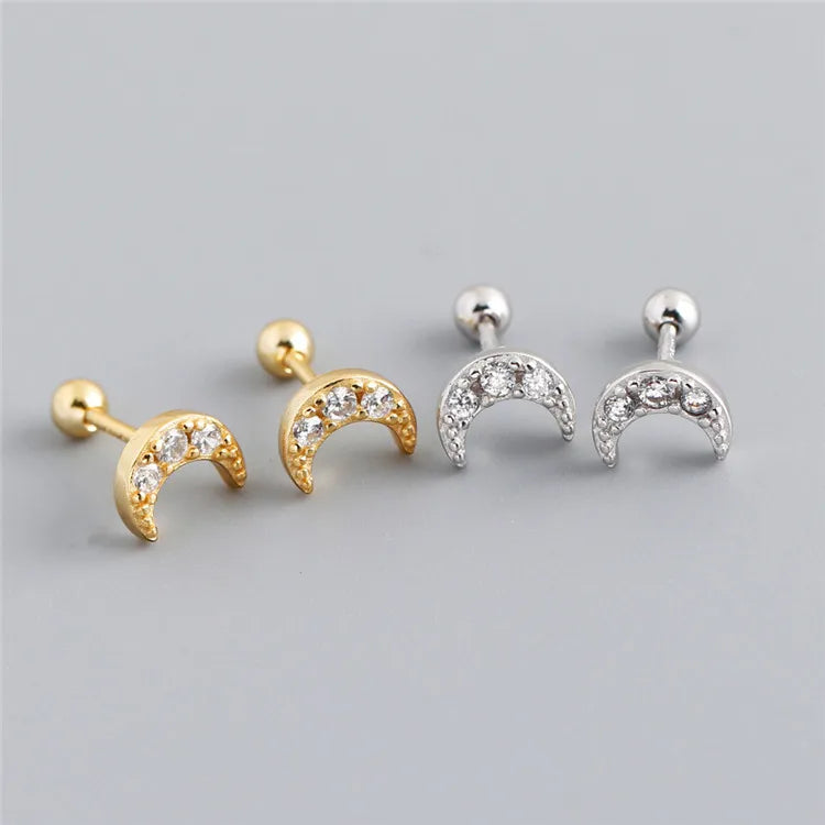 SP Wholesale Mini Stud Earrings 925 Sterling Silver Gold Plated Screw Back Zircon Moon Stud Earrings for Women