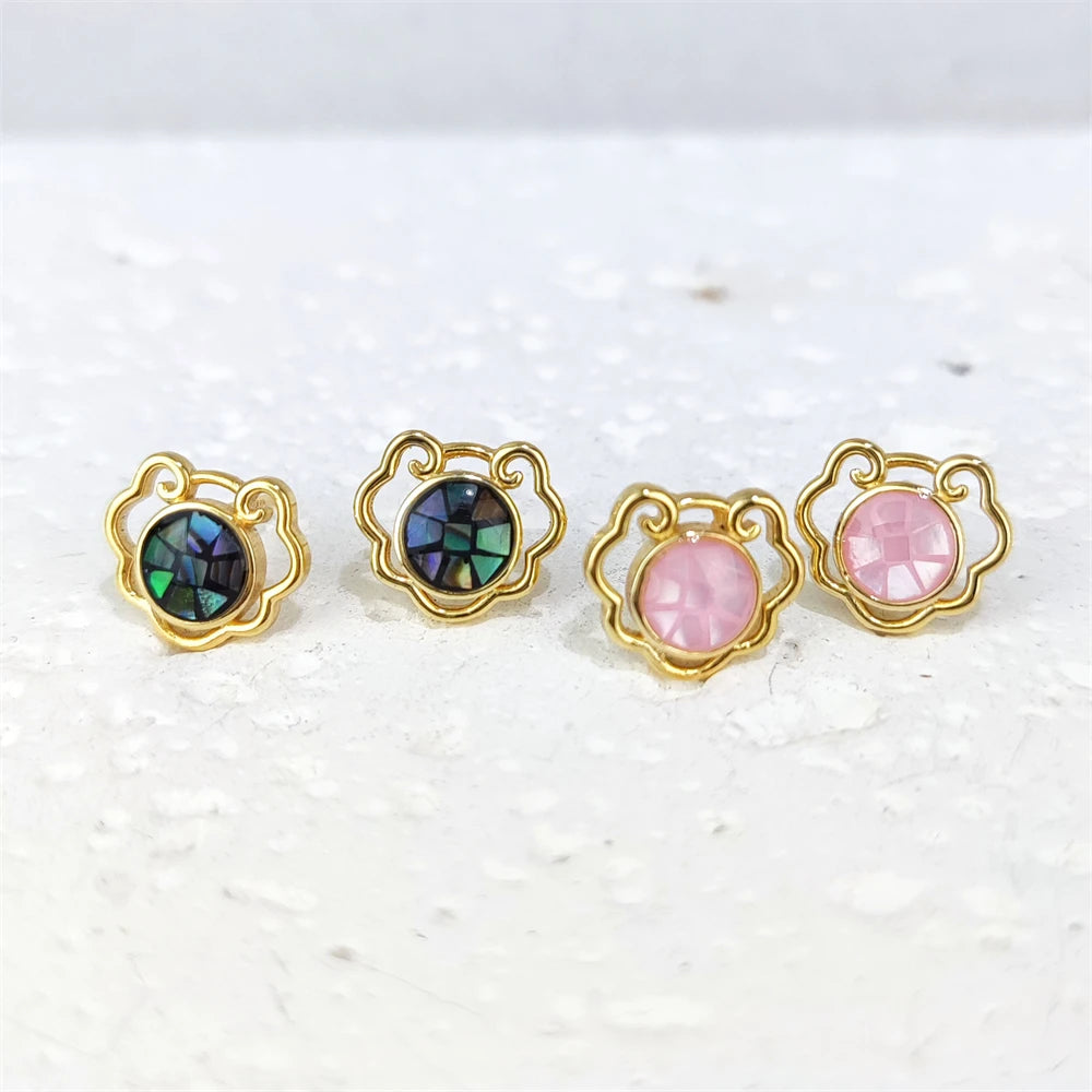 925 Sterling Silver Earrings Handmade Mother Pearl Shell Studs Gold Plated Ruyi Lock Shape Classic Natural Seashell Gift