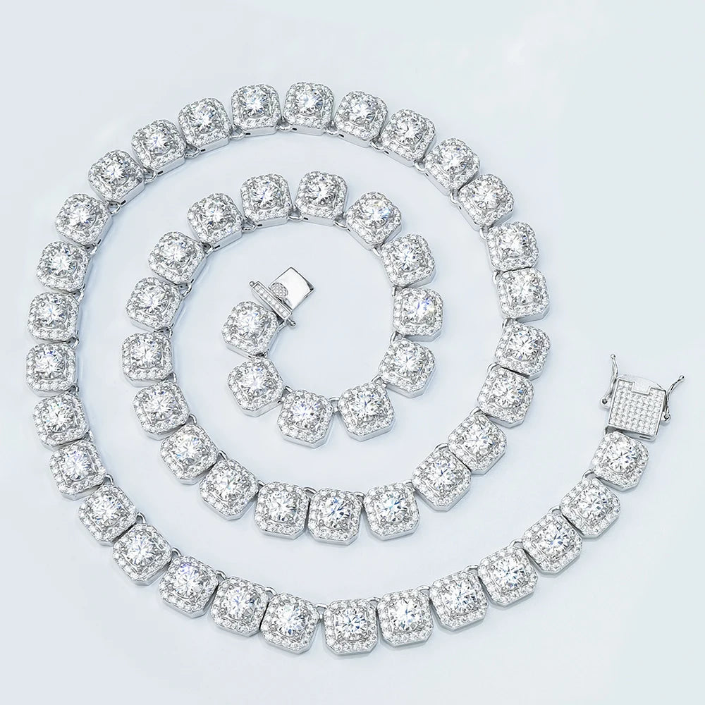 Elegant Noble Passionate Sugar-cube Shape 11mm S925 Silver Full Moissanites Inlaid Necklace for Women Men Jewelry Birthday Gifts