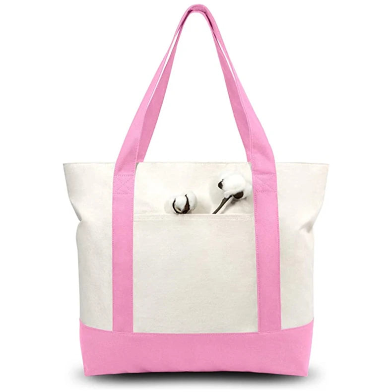 Custom with Logo Printing Blank Plain Pocket and Zipper Shoulder Handle Extra Large Shopping Cotton Canvas Tote Bags