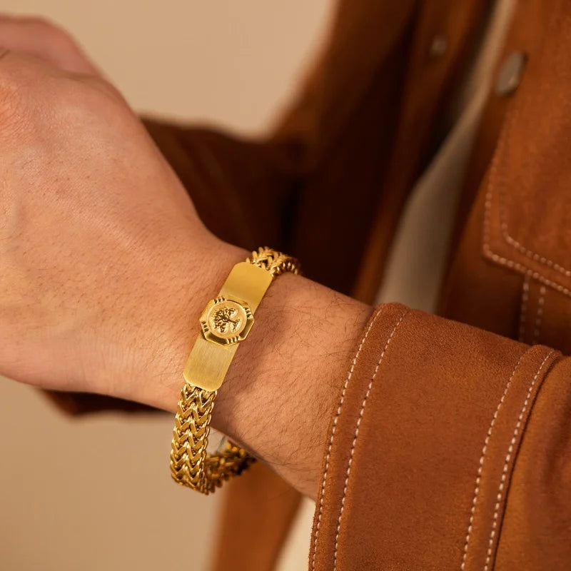 2024 New Personalized Gold Plated Stainless Steel Double Chain the Tree of Life Fashion Jewelry Cuban Link Chain Bracelet Men
