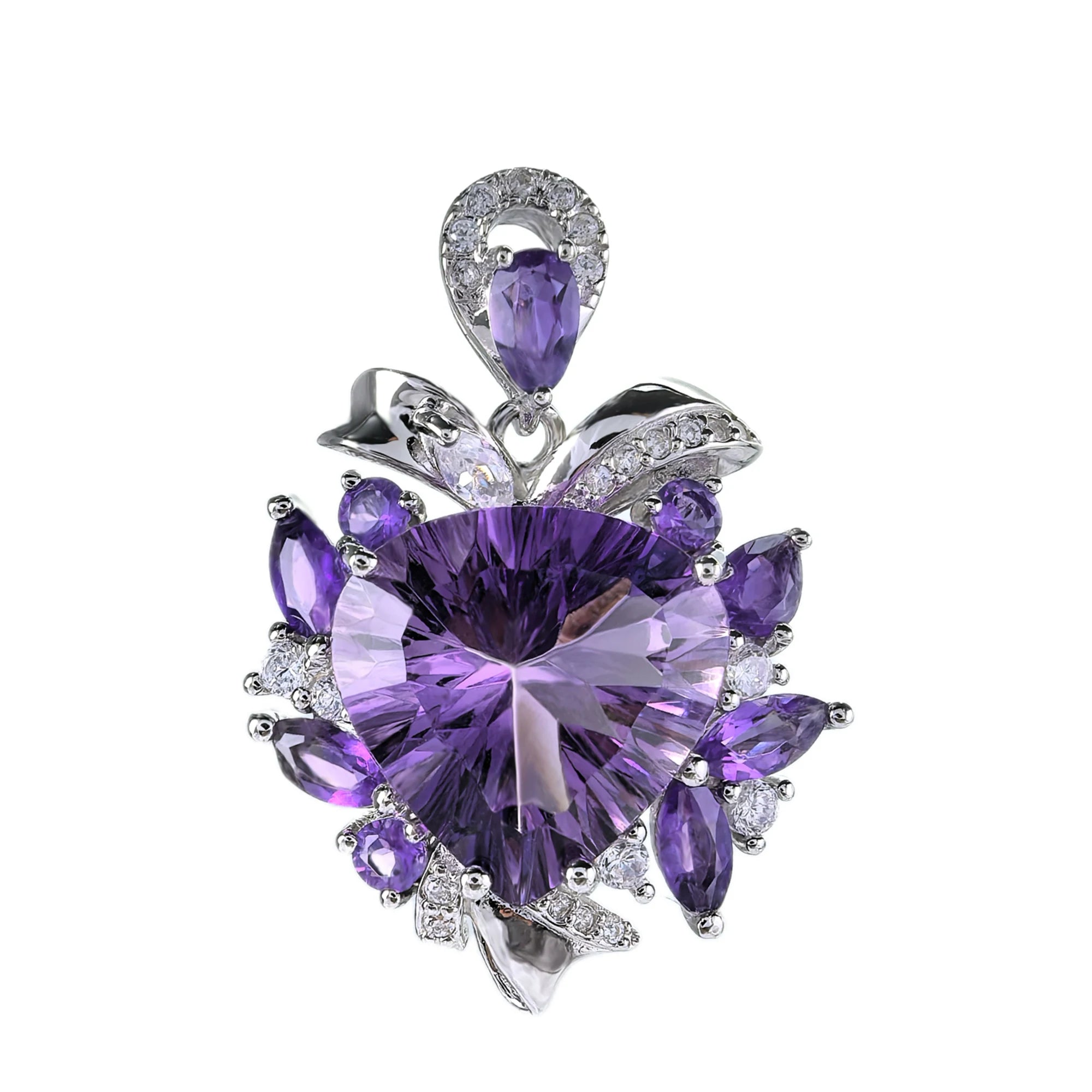 Exquisite 925 Silver Rhodium Plated Natural Amethyst Pendant for Women Fine Charm Pendants for Gifts