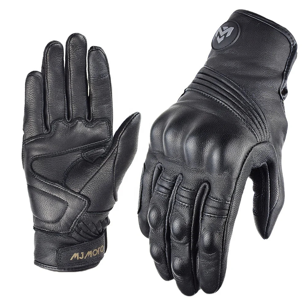 Retro Leather Black Motorcycle Gloves Men Summer Perforated Breathable Motocross Gloves Touch Screen Moto Racing Equipment Glove