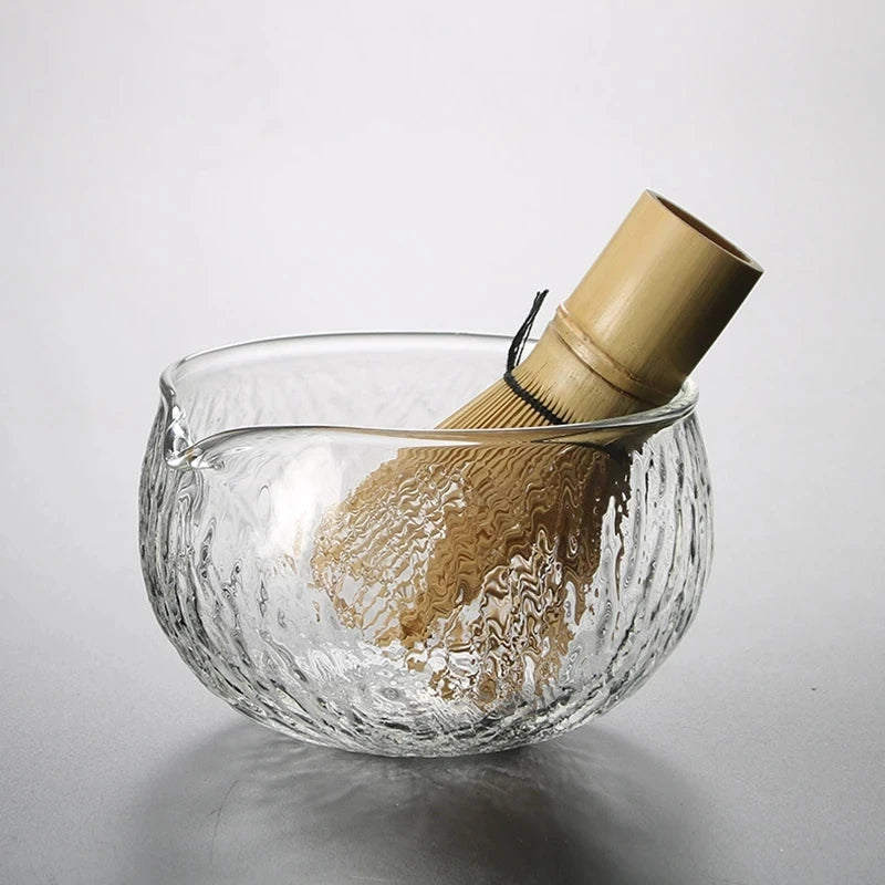 Textured Glass Matcha Bowl and Spoon with Pouring Spout Green Tea Japanese Style Matcha Kit Matcha Glass Bowl for Party