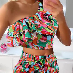 S-L Summer Casual New Women's Oblique Shoulder Ruffle Leaf Edge Irregular Printed Women's Wrap Hip Skirt Set