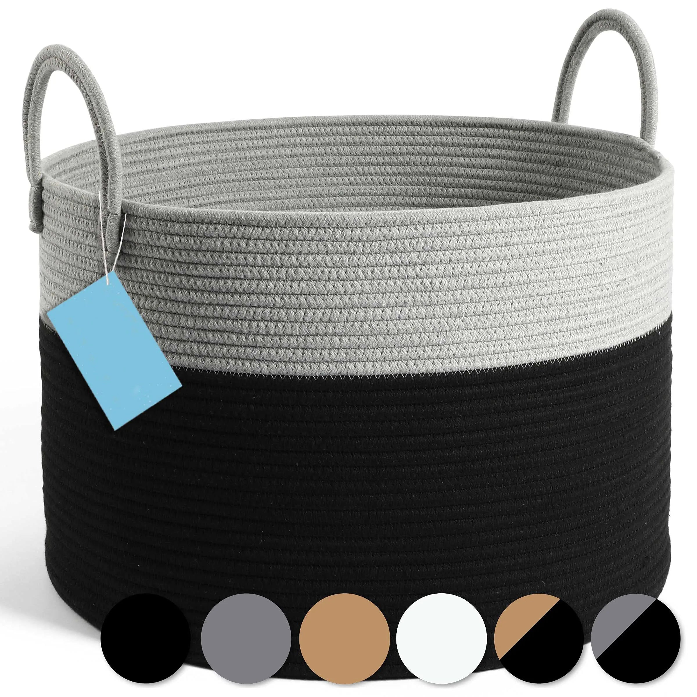 Gray & White Throw Blanket Basket for Living Room Large Woven Baskets for Storage Cotton Rope Baskets with Handles