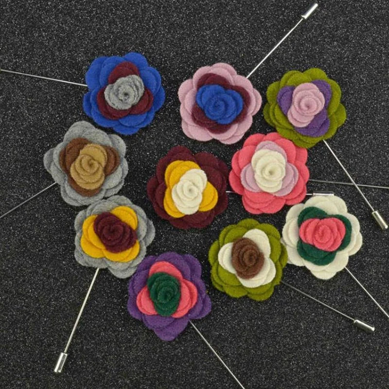 New Design Hand Made Fancy Mixed Color Wool Fabric Flower Brooch Lapel Pin for Men