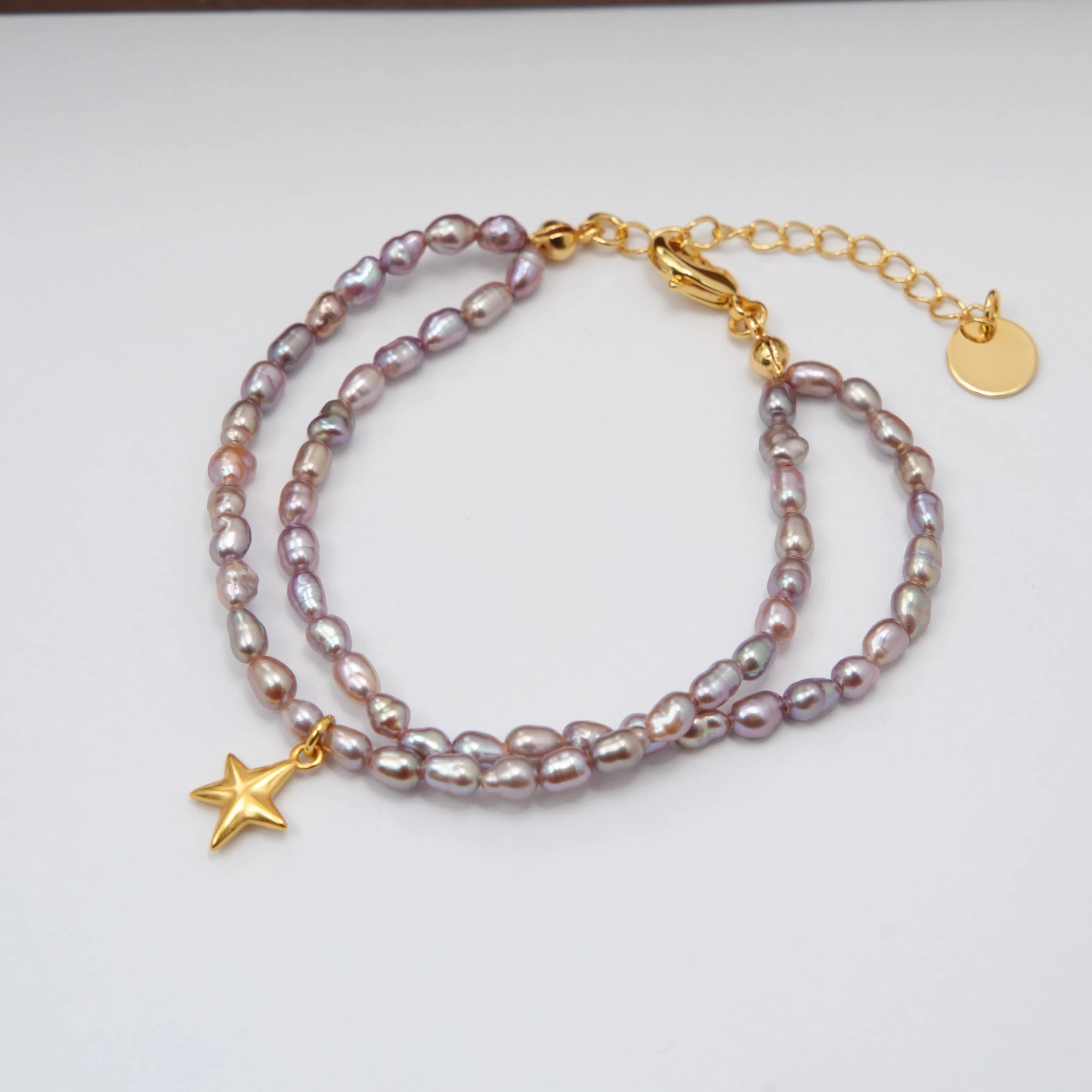 Elegant Special Trendy Champagne-colored Brass Real Gold Plated Turquoise Star Double-layer Bead Women's Gift Bracelet