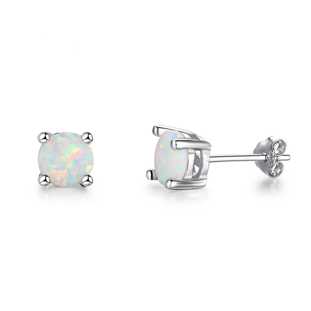 6mm Round Natural Opal 925 Sterling Silver Self-Piercing Asymmetric Earrings Fashion Korean Style for Weddings Engagements