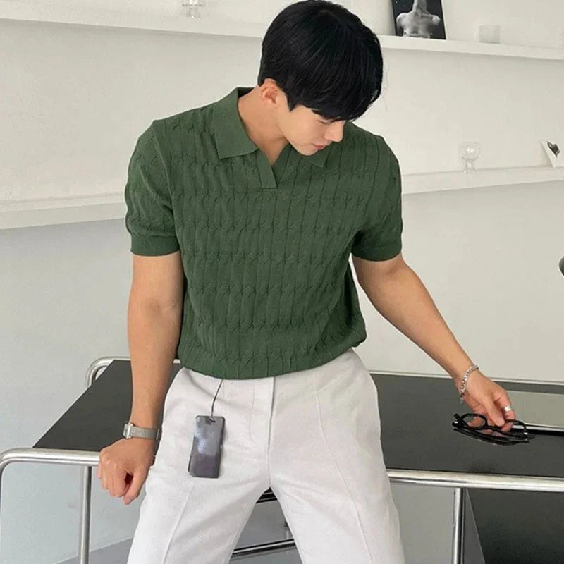 Summer Clothing Men's Luxury Knitted Jacquard Polo Shirt Casual Breathable Leisure V Neck Short Sleeve Knitwear 2024 New