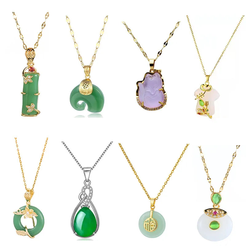 Wholesale Fashion Jade Pendant Jewelry Vintage Pendant Necklace with 18K Stainless Steel Chain for Women