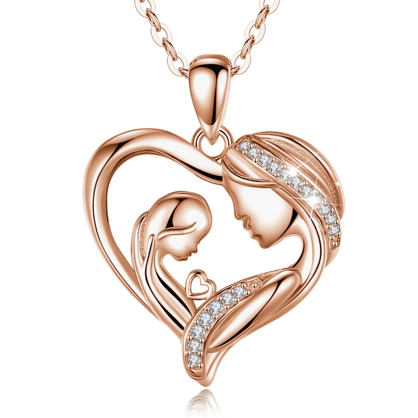 Merryshine Rose Gold Necklace 925 Sterling Silver Love Heart Pendant with Pearl Zircon Mother's Day Gift Mom Daughter Weddings