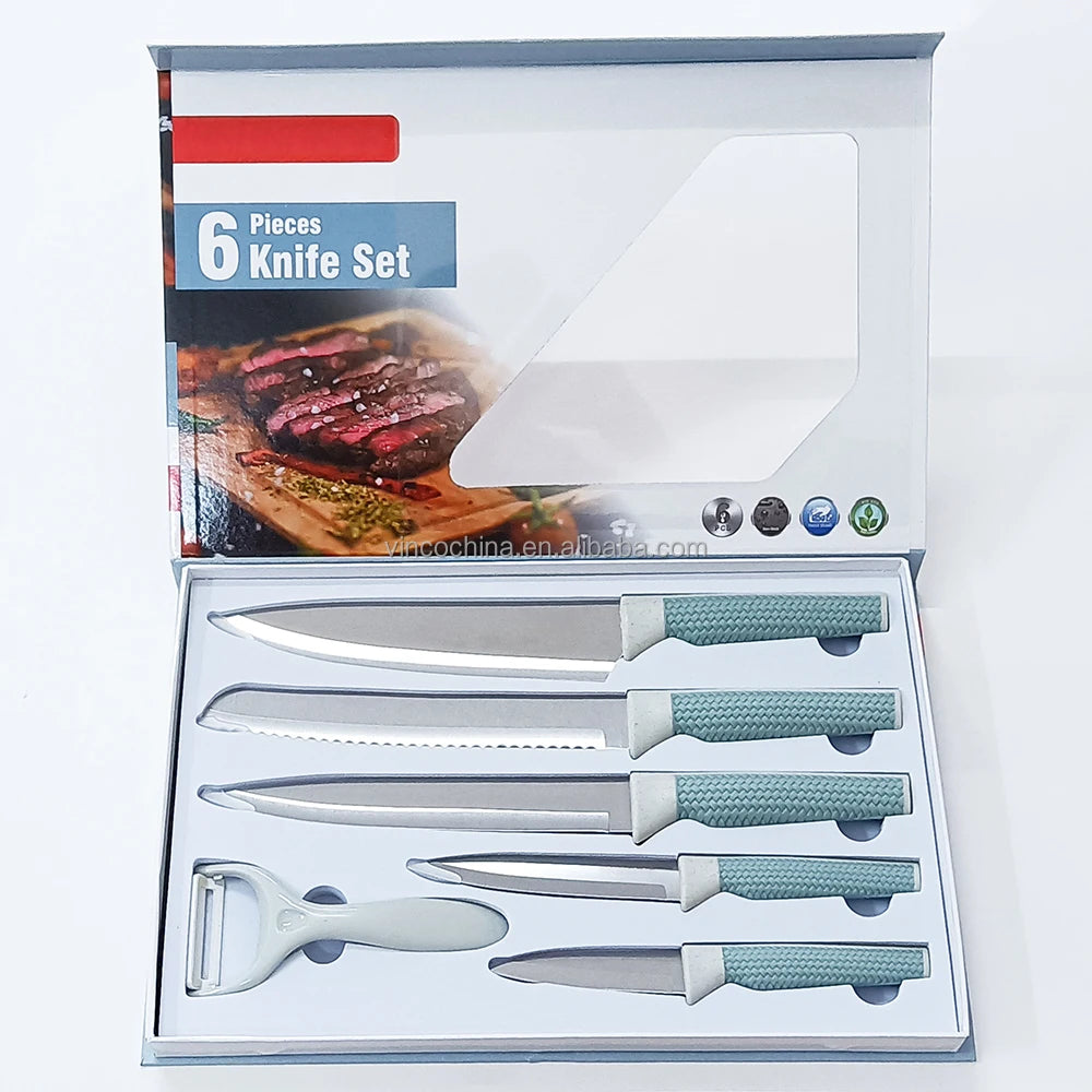 6PCS Kitchen Professional Chef Knives Set for Kitchen Gift Box Anti-Rusting Stainless Steel Sharp Knife Set with Peeler