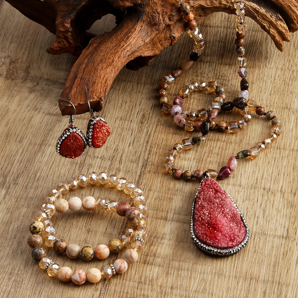 2025 Boheme Retro Fashion Custom Jewelry Set Multicolor Natural Stone Crystal Glass Druzy Pendant Necklace Bracelet Earring Set