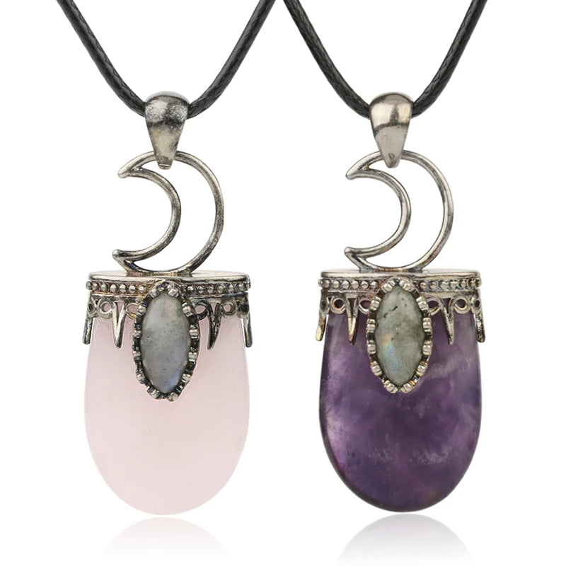 CSJA Wholesale Natural Gem Stone Vintage Necklace Crystals Pendants Moon Amethyst Charm for Women Men G274