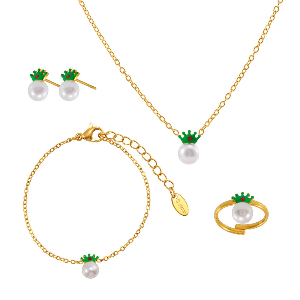 Hypoallergenic Stainless Steel Kids' Fashion Jewelry Set Water-Proof Crown Pear Necklace Bracelet Earrings Ring Perfect Gift