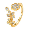 Fashion Alloy Gold Crystal Leaves Inlay Trendy Open Adjustable Rings for Women Birthday Wedding Gifts