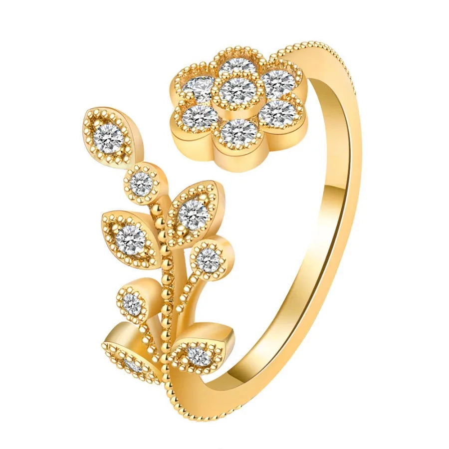 Fashion Alloy Gold Crystal Leaves Inlay Trendy Open Adjustable Rings for Women Birthday Wedding Gifts
