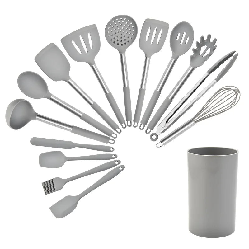 15pcs Custom Stainless Steel Handle Kitchen Utensils Set De Cocina Silicone Cooking Utensils Sets with Holder