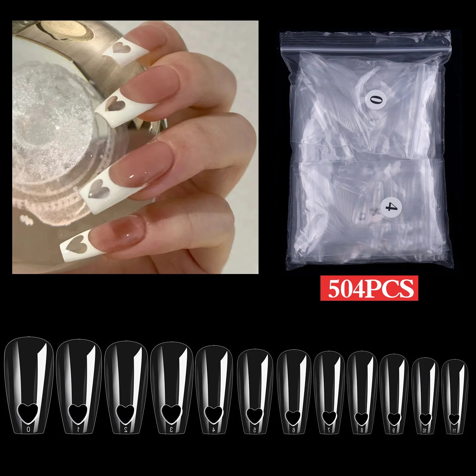 Hot Sale Heart Nail Art Tips False Natural Coffin Private Label Full Cover Clear Nail Tips 504pcs/bag