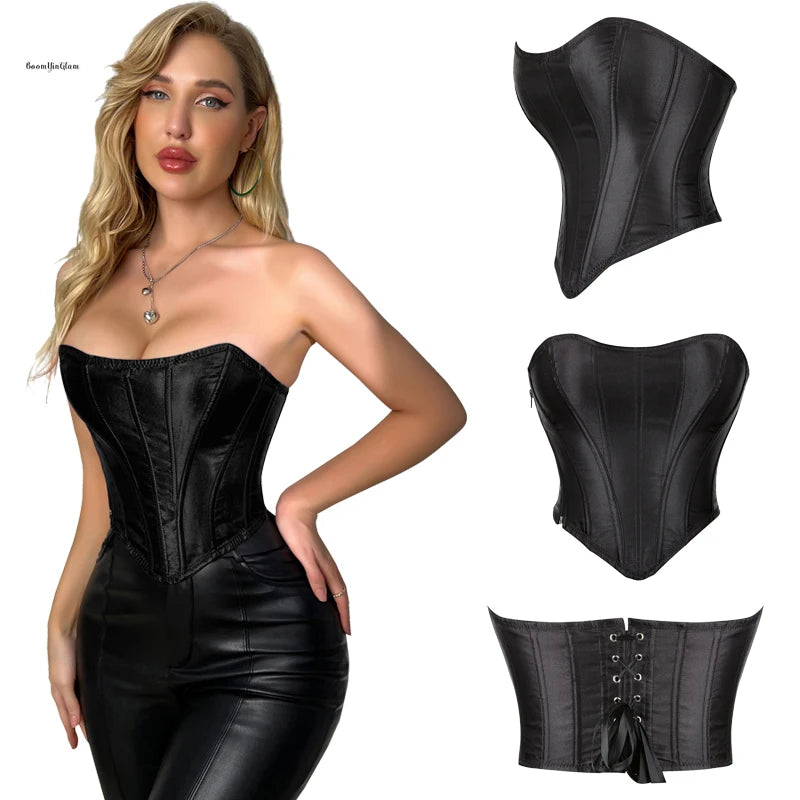Fashion Chic Satin Overbust Corsets Curve Shape Daily Dress Party Side Zipper Bustiers Top