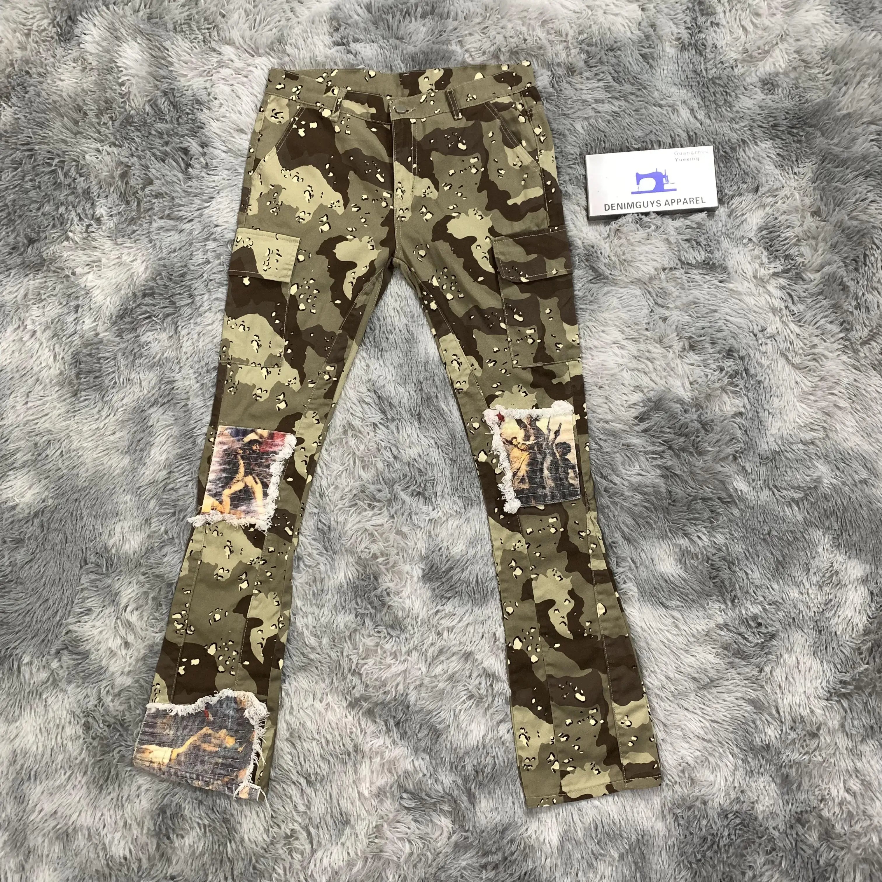 DENIMGUYS Custom Men Cotton Nylon Camo Flared Trousers Streetwear Camouflage With Side Pocket Stacked Cargo Pants Men