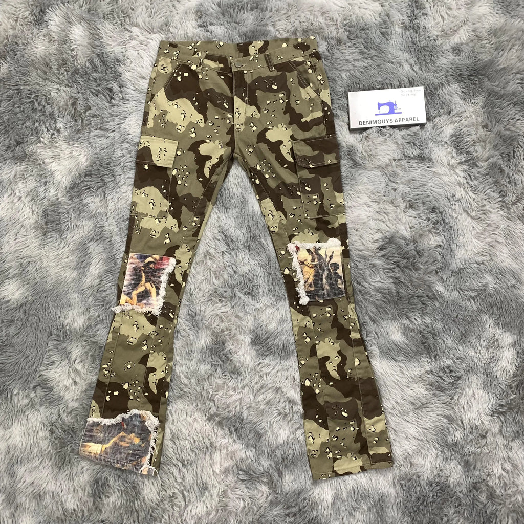 DENIMGUYS Custom Men Cotton Nylon Camo Flared Trousers Streetwear Camouflage With Side Pocket Stacked Cargo Pants Men