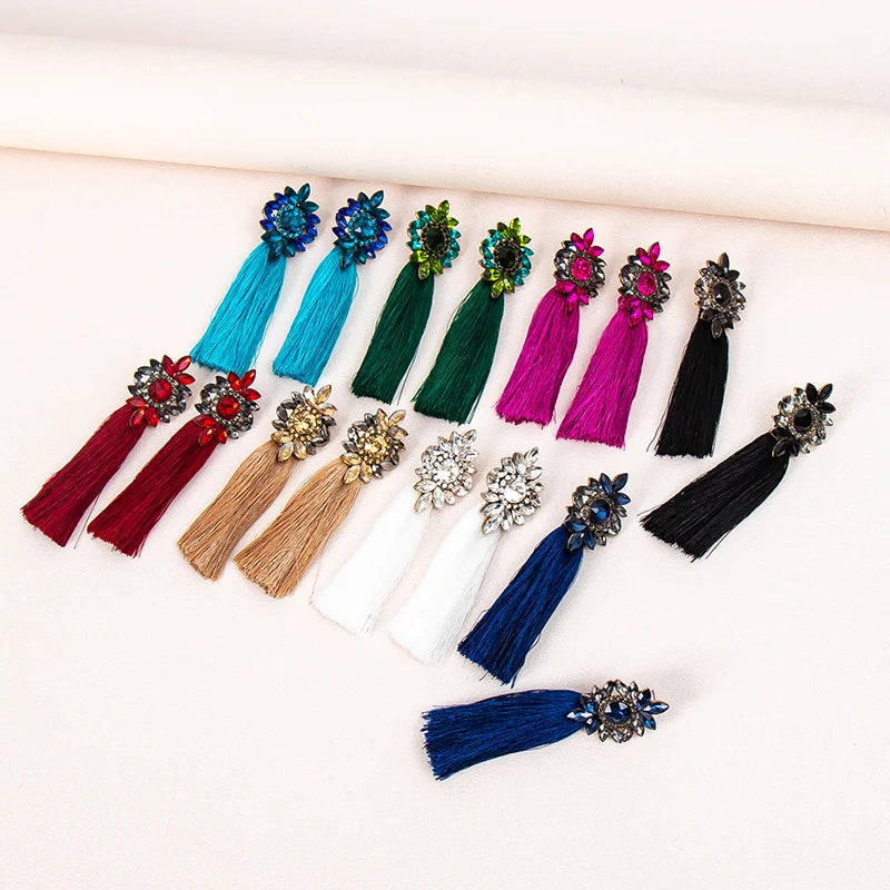Bohemian Colorful Silk Thread Crystal Stud Earrings Long Multi Colors Rhinestone Tassel Earrings Women