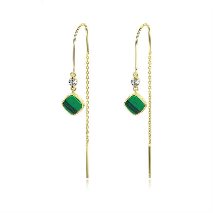 Fine Jewelry 18k Gold Plating 925 Sterling Silver Women Malachite Gemstone Long Tassel Drop Earrings for Girls