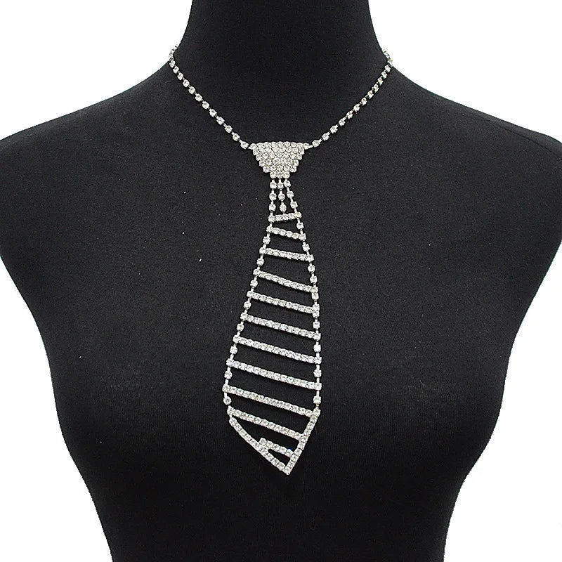 Crystal Women'S Necktie Necklace Shiny Rhinestone Matching Clothing Collar Tie Shape Pendant Necklace