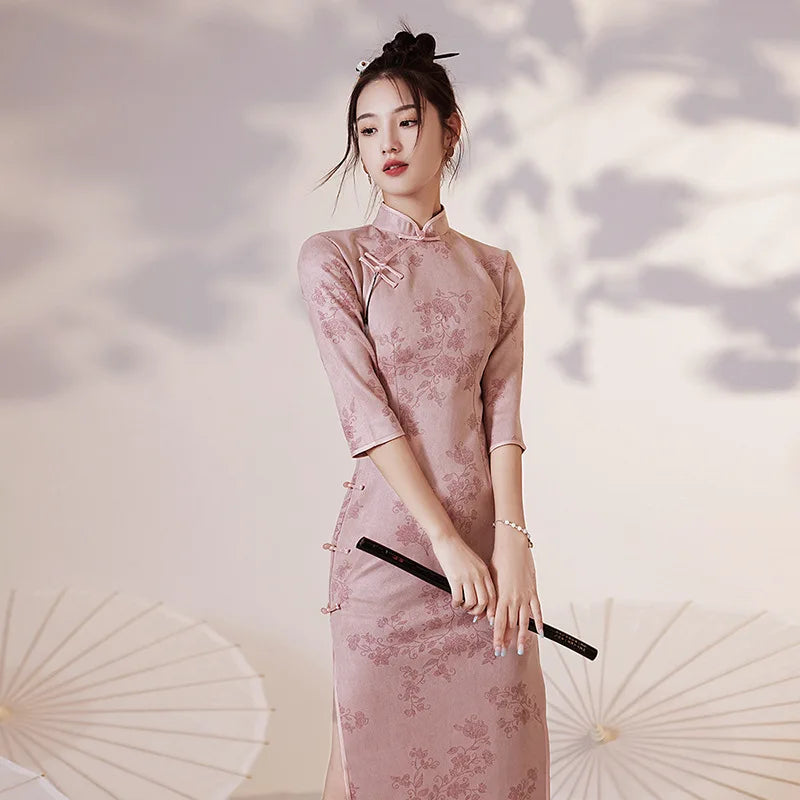 Cheongsam Qipao Chinese Dress Modern Pink Improved Cheongsam Retro Evening High-End Dress Elegant Floral Women Dress