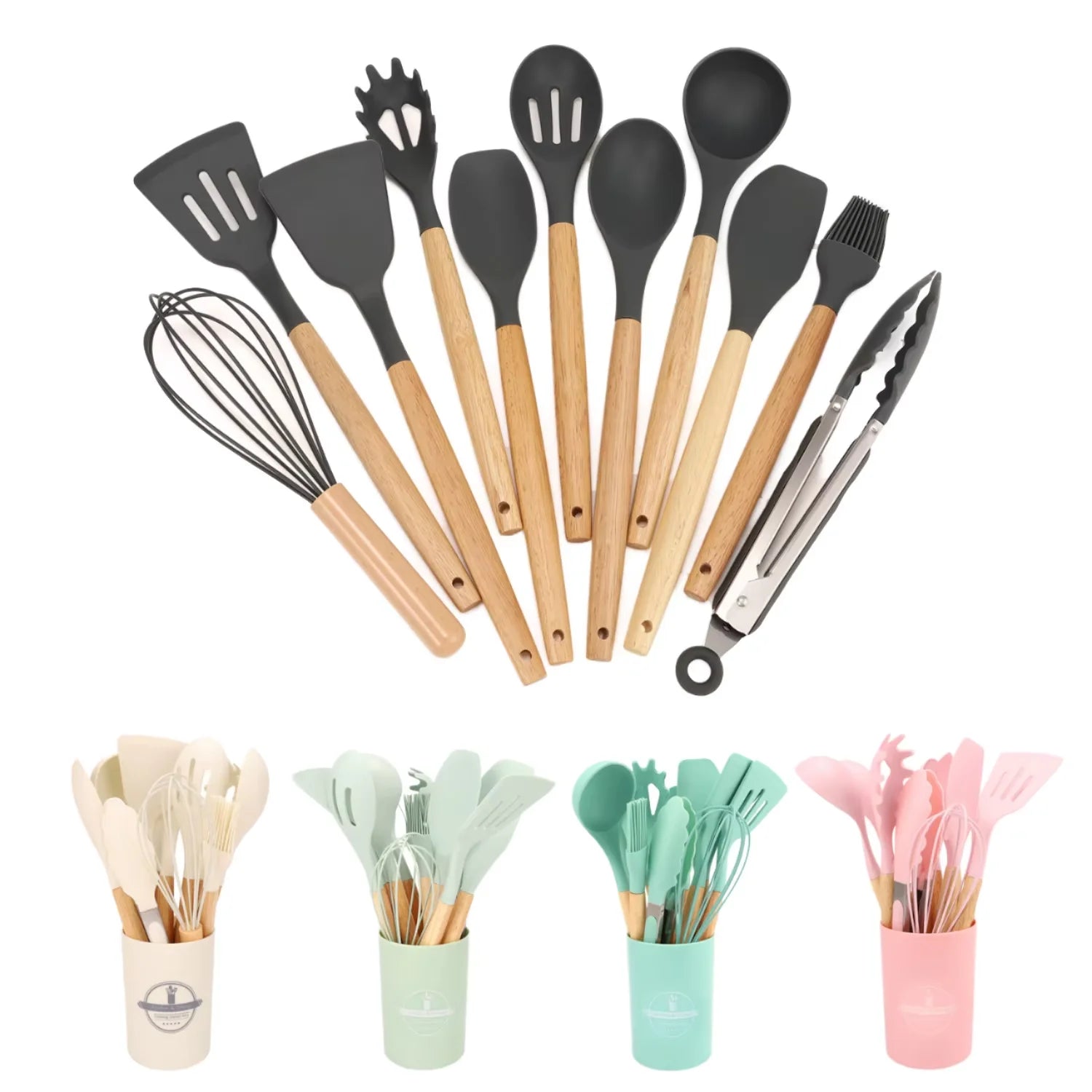 Kitchen Accessories Cooking Tool Non-Stick Heat Resistant Silicone 12-piece Set Silicone Kitchen Utensils with Wooden Handle