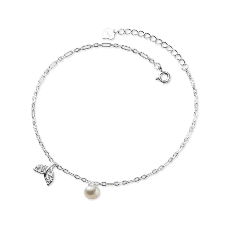 925 Silver Hollow Fish Tail Zircon Single Pearls Anklets for Women Girls Fashion Jewelry Anklets