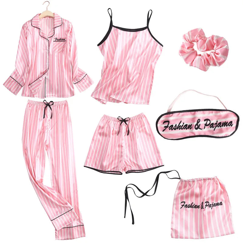 Custom 7 Pcs Long Sleeve Sleepwear Sets Satin Silk Nighty Elegant Women Pajamas Print Shorts Suits Nighty