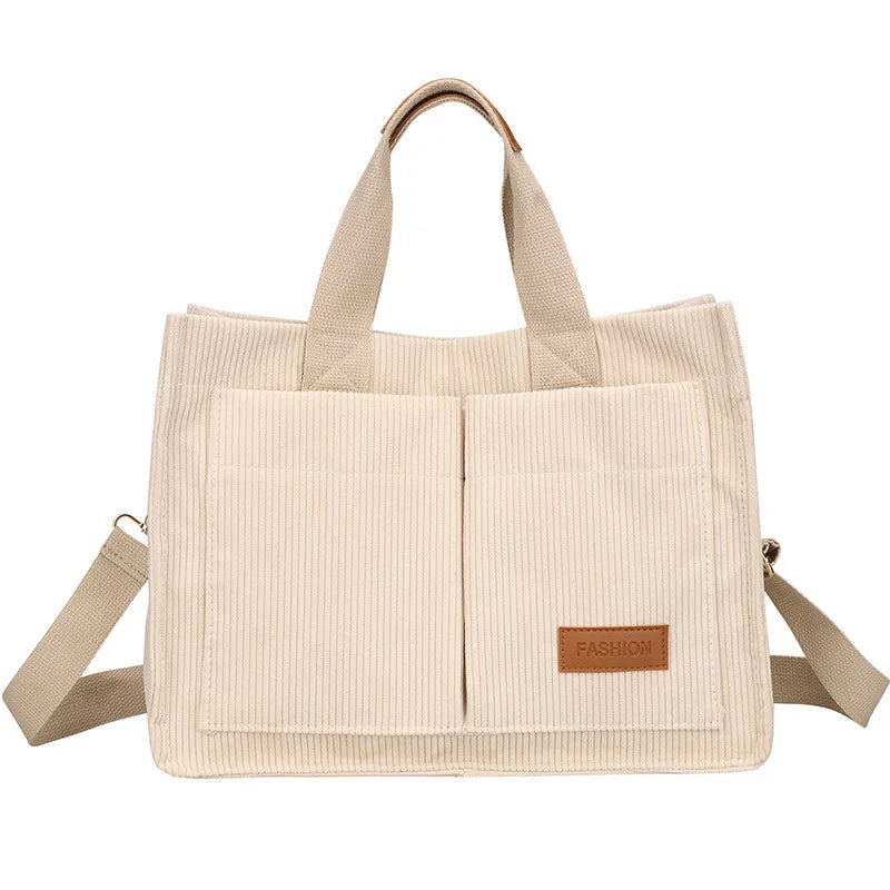 Women's Large Capacity Casual Retro Minimalist Tote Crossbody Shoulder Bag Fashion Corduroy Hasp Closure Polyester Lining Single