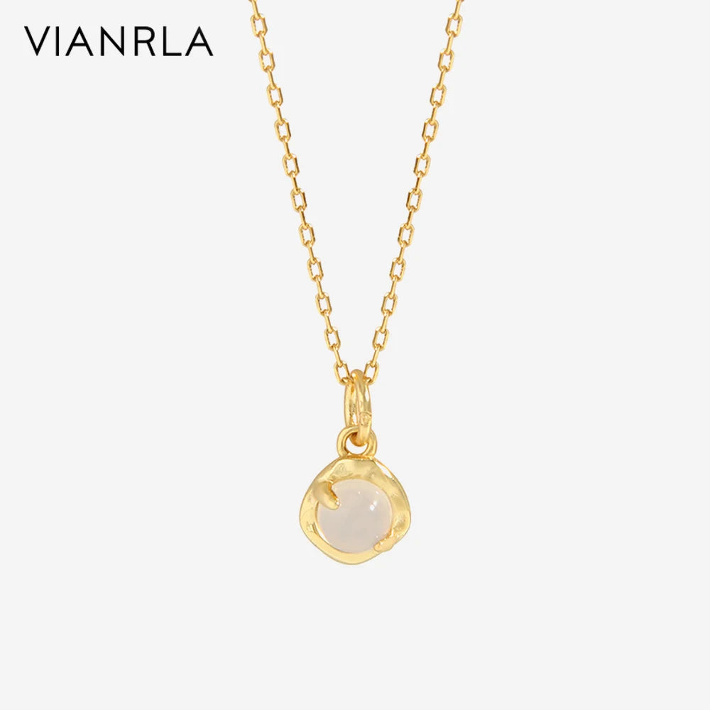 VIANRLA Jewelry Necklace Round White Agate Pendant925 Sterling Silver 18k Gold Chain Dainty Jewelry