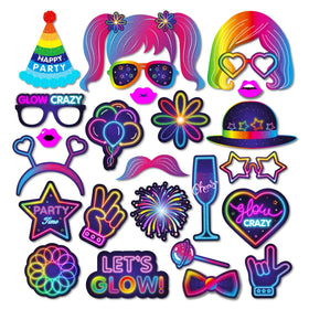 Huancai Let's Glow Dark Photo Booth Props 25 PCS Party Selfie Props Kit With Wooden Sticks for Kids Birthday Glow Party Supplies