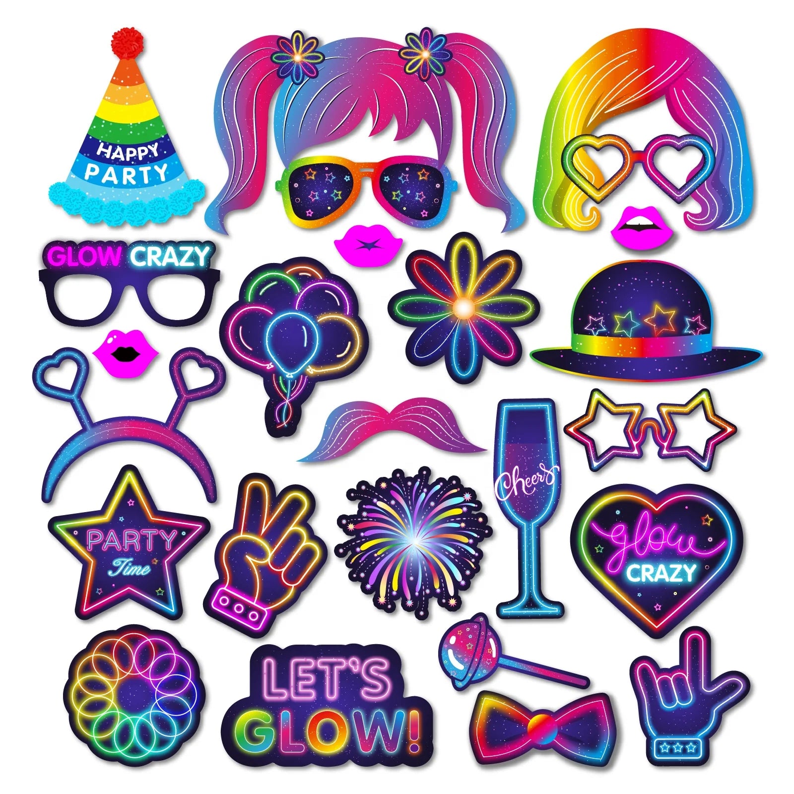 Huancai Let's Glow Dark Photo Booth Props 25 PCS Party Selfie Props Kit With Wooden Sticks for Kids Birthday Glow Party Supplies