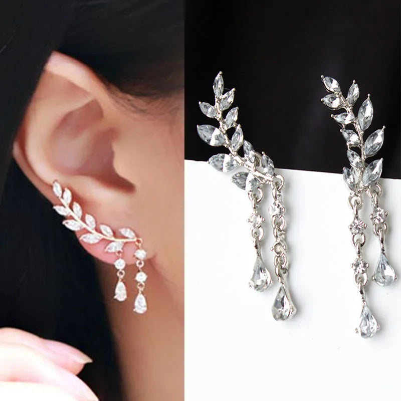 AA00489 Romantic Full Crystal Long Tassel Leaf Drop Stud Earrings Leaf Earring With Zircon White Crystal