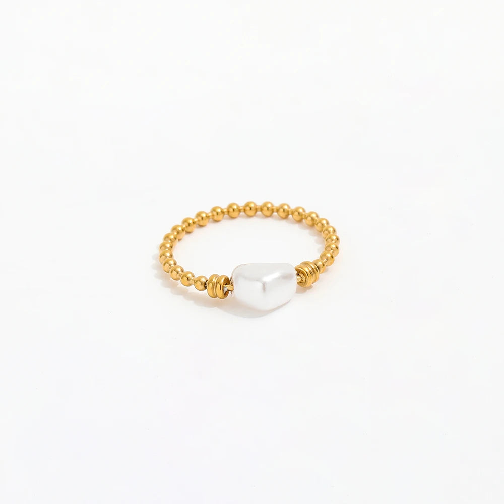 High End 18K Gold Plated Single Heart Imitation Pearl Beads Rings Stainless Steel Jewelry Trendy Finger Ring