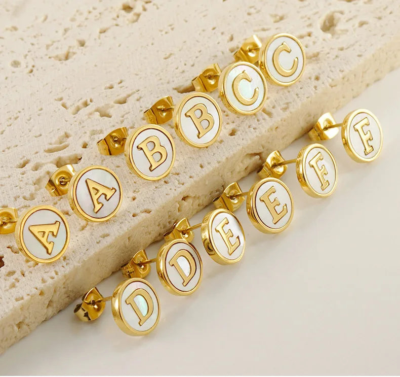 New Personalized A-Z Letter Earrings 18K Gold Plated Stainless Steel Earrings Delicate White Shell Stud Earrings