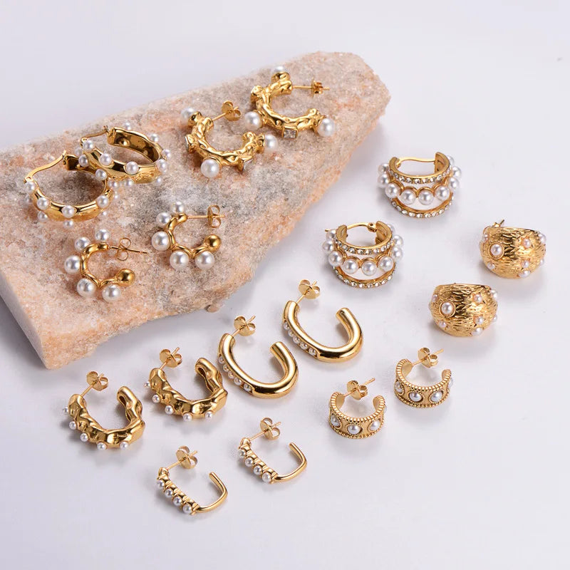Elegant Geometric Pearl Studs Earring Stainless Steel 18K Gold Plated Charm Earrings Female Fine Jewelry