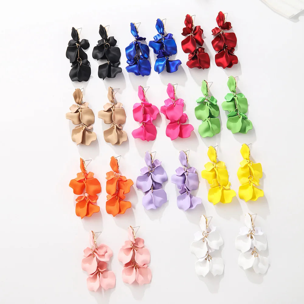 New Arrival Retro Style Purple Blue Color Petal Leaf Long Earrings Fashion Women Holiday Boho Flower Tassel Pendant Earrings