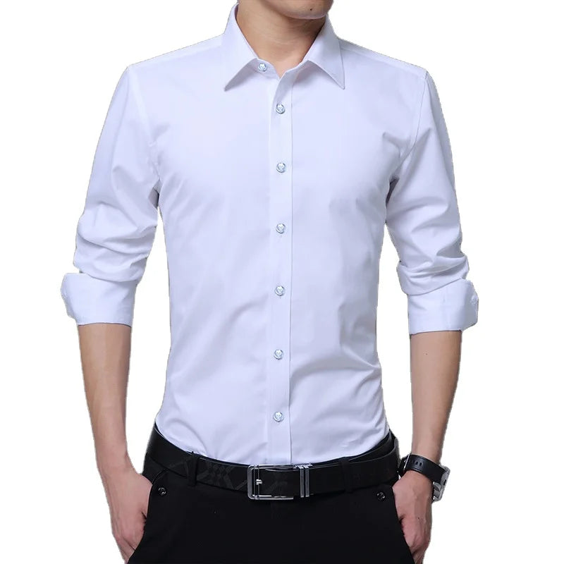 RNSHANGER Men Dress Shirt Fashion Long Sleeve Business Social Shirt Male Solid Color Button Down Collar Work White Shirt