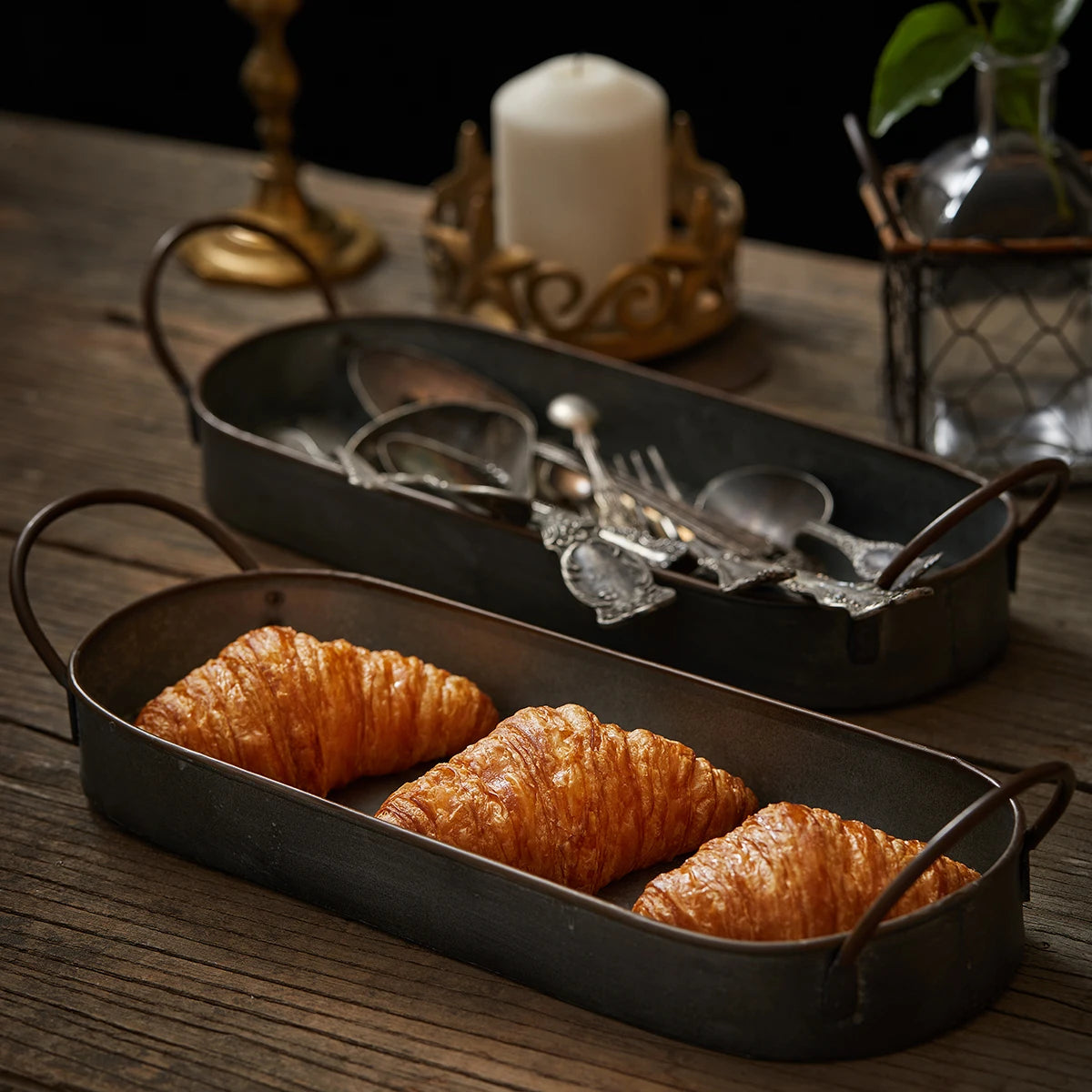 Rustic Iron Pastry Storage Breakfast Service With Handle Fruit Bread Sundries Display Plate Home Kitchen Use Photography Prop