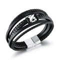 Fashion Gifts Braided Design Stainless Steel Magnetic Clasp Four-pointed Star Leather Charm Bracelets Punk Style Black Unisex